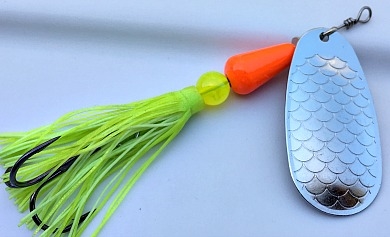Size 6 Rocket Series Spinner/Skirted/Silver w/Orange & Chartreuse/.95 ounce