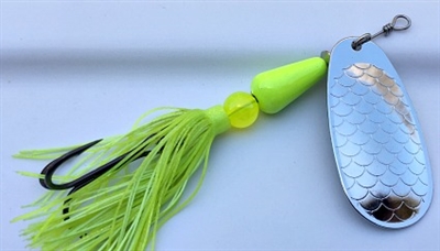 Size 6 Rocket Series Spinner/Skirted/Silver w/Chartruese Body/Skirt/.95 ounce