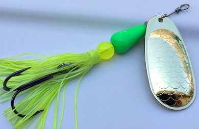 Size 6 Rocket Series Spinner/Skirted/Brass w/Green Body/Chart Skirt/.95 ounce