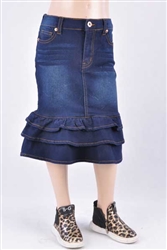 RK-76395KC Dk.Indigo Wash girls mid length skirt