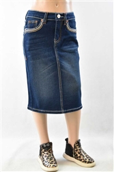 RK-79153K Dk.Indigo Wash girls mid length skirt
