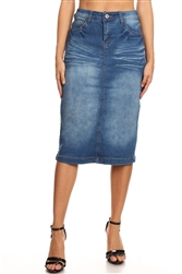 SG-77239AC Indigo Wash calf length skirt