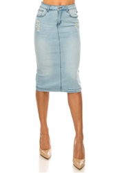 SG-79148 Lt.Indigo Wash calf length skirt