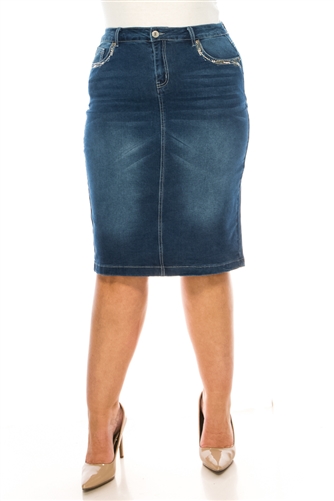 SG-79196X Indigo Wash calf length skirt