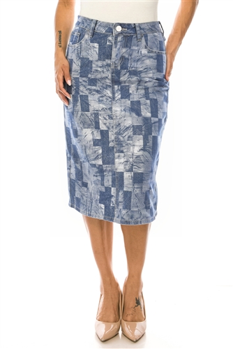SG-79720 Geometric Indigo calf length skirt
