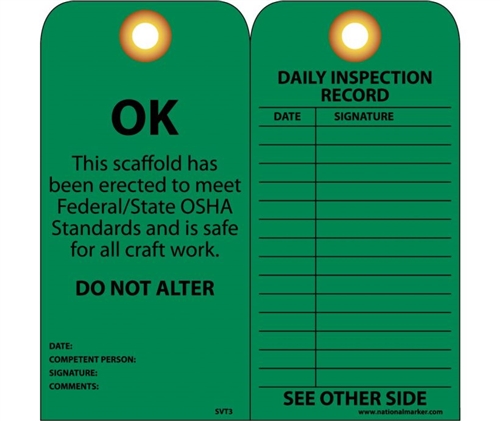 TAGS, SCAFFOLD -GREEN "OK" PAPER  W/TIES (25/PKG.)