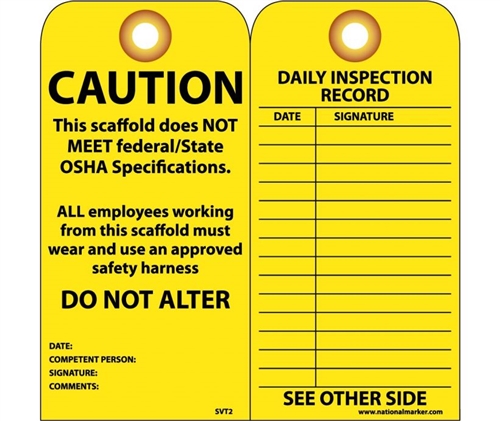 TAGS, SCAFFOLD -YELLOW "DOES NOT MEET OSHA STANDARDS" PAPER  W/TIES (25/PKG.)