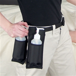 Oil and Lotion Holster holds massage lotion in either single or double bottle design, attaches by a belt at waist.