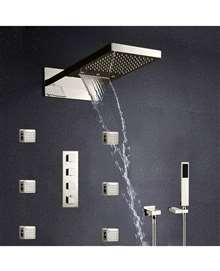 FontanaShowers Mugla 22" Brushed Nickel LED Thermostatic Waterfall Rain Shower Head with Massage Body Sprays and Hand Shower