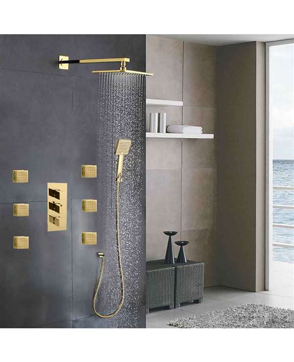 FontanaShowers Versilia Gold Finish Color Changing LED Shower Head with Adjustable Body Jets and Mixer