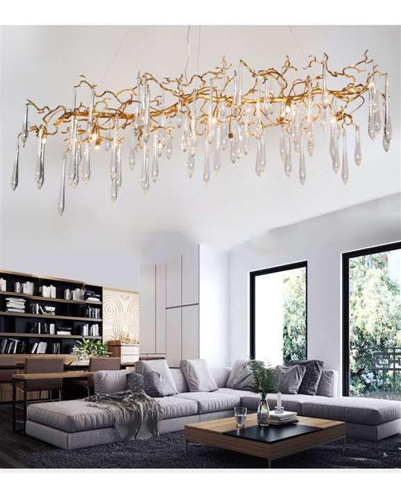 HG Crystal Drop Glass Light Semi-Flush Mount Hanging Chandelier