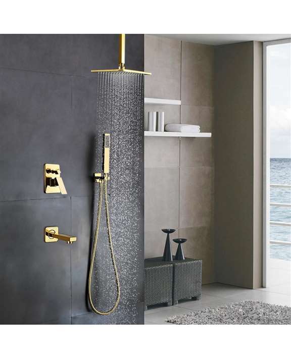 FontanaShowers L'Aquila Brass Gold Tone Shower Set Ceiling Mount - 3 Way Valve Mixer with Tub Spout Hand Shower and Optional LED Lighting