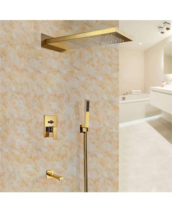 FontanaShowers Mecca Designer Gold Finish Wall Mount Shower Set with Handheld Shower Head