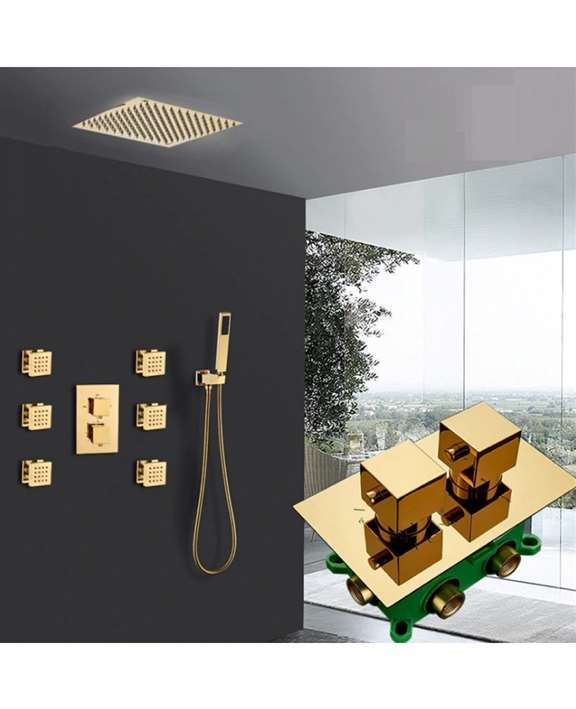 FontanaShowers Napoli Thermostatic Modern Bathroom Rainfall Shower System with Six Pieces Jet Bath Set