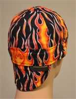 Welder hats with orange red and blue flames.