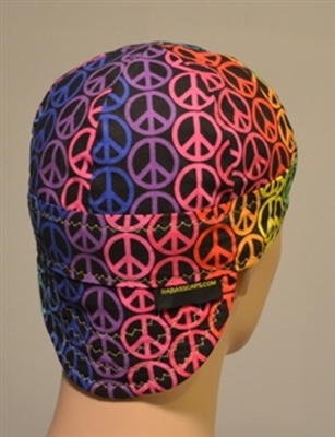 Colorful welding hat or cap with a peace signs colorful design.