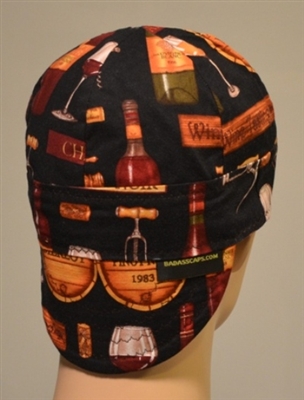 Welding cap or hat wine print w/ wine bottles and corks.
