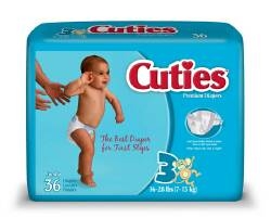 Diapers, Cuties, 16-28 lbs., Size 3, 36/PK 4PK/CS