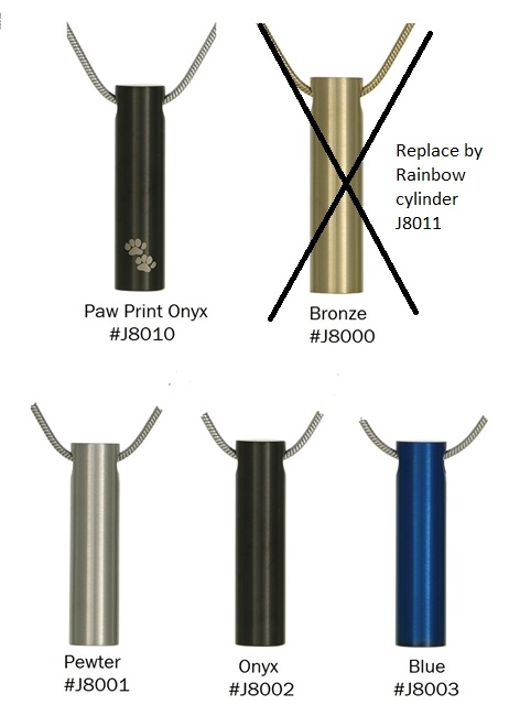 Cylinder Pet Cremation Pendants | Bronze | Pewter | Onyx | Blue