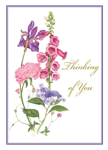 catholic thinking of you card with pink and purple flowers on white background