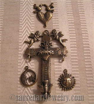 Rosary Set with Yalalag Crucifix, Mexican with Sun Moon and Angels & Two Doves Center Rosary Parts Set