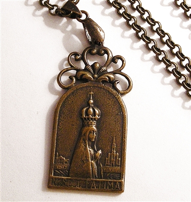 Our Lady Fatima Queen Medal and Bronze Chain Necklace