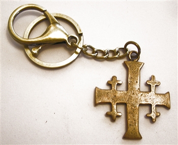 Jerusalem Cross Key Chain - Catholic keychain with vintage bronze medallion, brass key ring and lobster clasp. Collection of religious key chains with handmade medals and Christian cross for men and women.