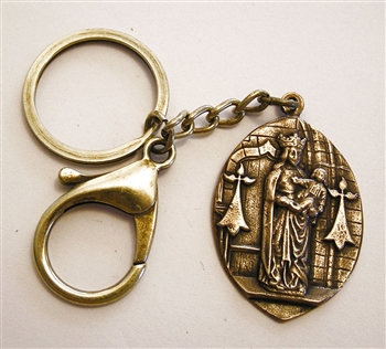 Blessed Mother Key Chain - Catholic keychain with vintage bronze medallion, brass key ring and lobster clasp. Collection of religious key chains with handmade medals and Christian cross for men and women.
