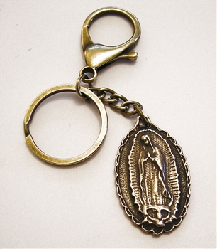 Our Lady of Guadalupe Key Chain - Catholic keychain with vintage bronze medallion, brass key ring and lobster clasp. Collection of religious key chains with handmade medals and Christian cross for men and women.