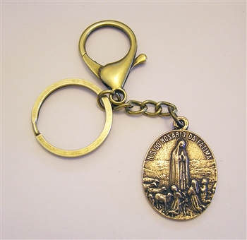 Our Lady of Fatima Key Chain - Catholic keychain with vintage bronze medallion, brass key ring and lobster clasp. Collection of religious key chains with handmade medals and Christian cross for men and women.