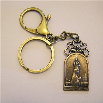 Fatima Key Chain - Catholic keychain with vintage bronze medallion, brass key ring and lobster clasp. Collection of religious key chains with handmade medals and Christian cross for men and women.