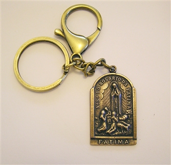 Fatima & St Christopher Key Chain - Catholic keychain with vintage bronze medallion, brass key ring and lobster clasp. Collection of religious key chains with handmade medals and Christian cross for men and women.