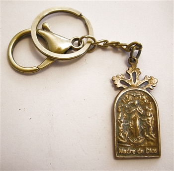 Our Lady Undoer of Knots Key Chain - Catholic keychain with vintage bronze medallion, brass key ring and lobster clasp. Collection of religious key chains with handmade medals and Christian cross for men and women.