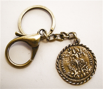 Our Lady & St Michael Key Chain - Catholic keychain with vintage bronze medallion, brass key ring and lobster clasp. Collection of religious key chains with handmade medals and Christian cross for men and women.
