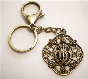 Twin Hearts Key Chain - Catholic keychain with vintage bronze medallion, brass key ring and lobster clasp. Collection of religious key chains with handmade medals and Christian cross for men and women.