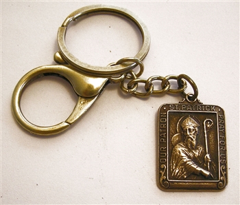 St Patrick Irish Key Chain - Catholic keychain with vintage bronze medallion, brass key ring and lobster clasp. Collection of religious key chains with handmade medals and Christian cross for men and women.