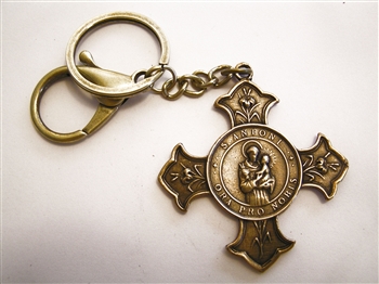 St Anthony Key Chain - Catholic keychain with vintage bronze medallion, brass key ring and lobster clasp. Collection of religious key chains with handmade medals and Christian cross for men and women.