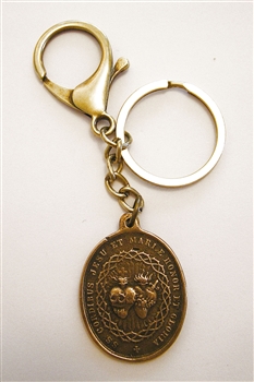 Twin Hearts Monstrance Key Chain - Catholic keychain with vintage bronze medallion, brass key ring and lobster clasp. Collection of religious key chains with handmade medals and Christian cross for men and women.