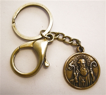 St Benedict Key Chain - Catholic keychain with vintage bronze medallion, brass key ring and lobster clasp. Collection of religious key chains with handmade medals and Christian cross for men and women.