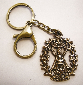 Guadalupe Key Chain - Catholic keychain with vintage bronze medallion, brass key ring and lobster clasp. Collection of religious key chains with handmade medals and Christian cross for men and women.