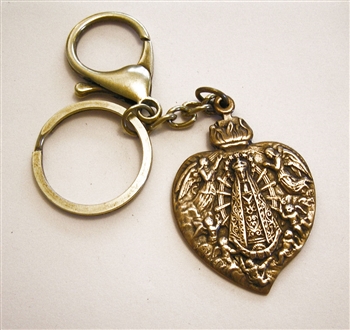 Our Lady Key Chain - Catholic keychain with vintage bronze medallion, brass key ring and lobster clasp. Collection of religious key chains with handmade medals and Christian cross for men and women.