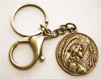 Joan of Arc Key Chain - Catholic keychain with vintage bronze medallion, brass key ring and lobster clasp. Collection of religious key chains with handmade medals and Christian cross for men and women.