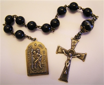 Saint Christopher & Fatima Chaplet Tenner in Large 10mm Black Onyx & Striped Agate Beads Pocket Rosary in True Bronze