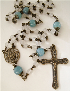 Our Lady of Guadalupe Rosary - A white and blue handmade rosary, with the colors of Our Lady's garments, in elegant white matte rock crystal 8 mm Ave Beads, with larger aquamarine gemstone beads used as Paters with antique and vintage rosary parts.