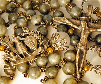 Joan of Arc with Antiquity Crucifix Handmade Gemstone Rosary in Labradorite and Matte Rock Crystal
