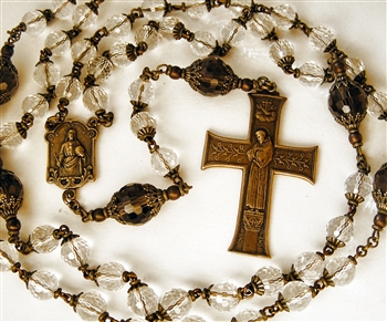 St Francis Prayer Cross & Our Lady of Lourdes Handmade Gemstone Rosary Beads in Faceted Rock Crystal and Smokey Quartz