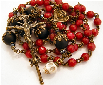 Scarlet Red Skull & Bones Winged Angel Handmade Rosary in Natural Crystals and Black Onyx