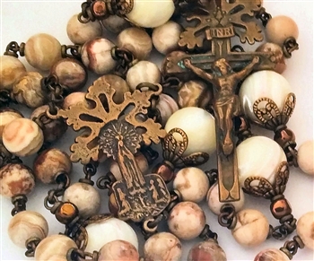 Our Lady of Fatima Handmade Rosary in Bronze with Agate Gemstone Beads and Mother of Pearl