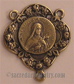 Saint Theresa Rosary Center 1" - Catholic religious rosary parts in authentic antique and vintage styles with amazing detail. Huge collection of crucifixes, rosary centers, and heirloom saint and holy medals handmade in sterling silver and bronze.