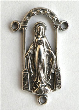Miraculous Mary Rosary Center 3/4" - Catholic religious rosary parts in authentic antique and vintage styles with amazing detail. Huge collection of crucifixes, rosary centers, and heirloom saint and holy medals handmade in sterling silver and bronze.